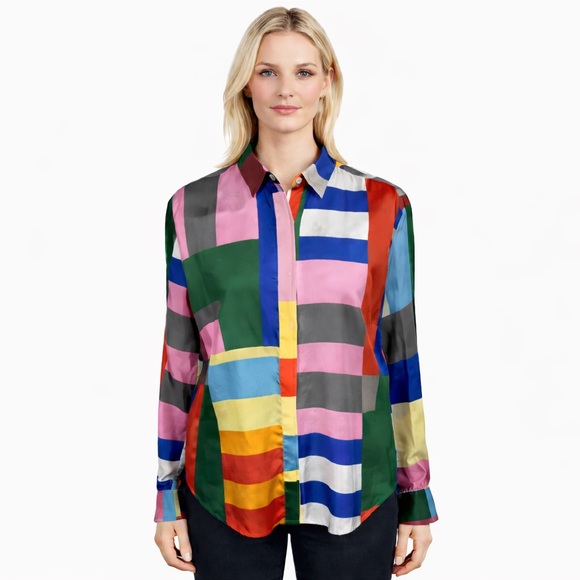 Bogner Tops - Bogner Color Block Button Blouse Horse Equestrian Back Silk Size US 12 EU 42